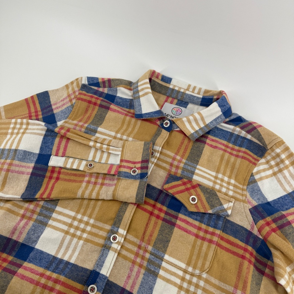 44 North Mens Plaid Flannel Shirt Large Fall Leaf Yellow Blue Cotton FFL6342 NWT